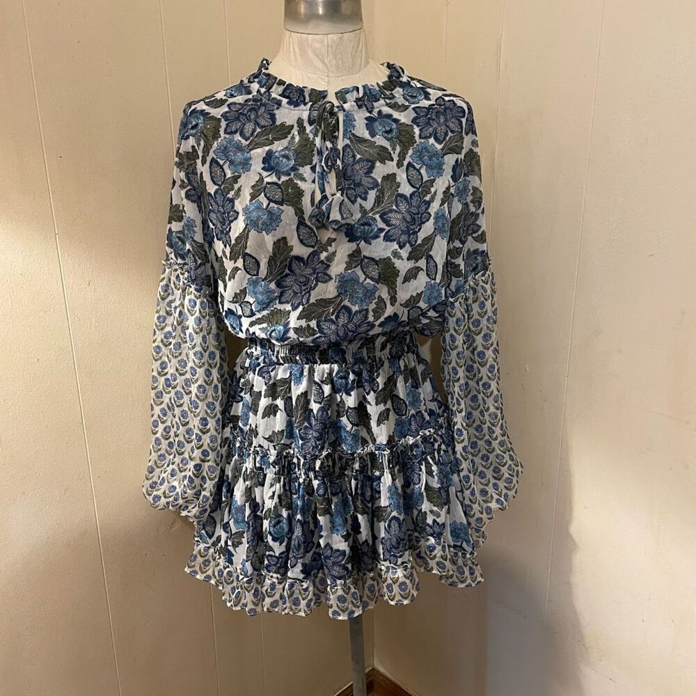 MISA Los Angeles ELISABETTA Blue Floral Bishop Sleeve MINI DRESS S nwot